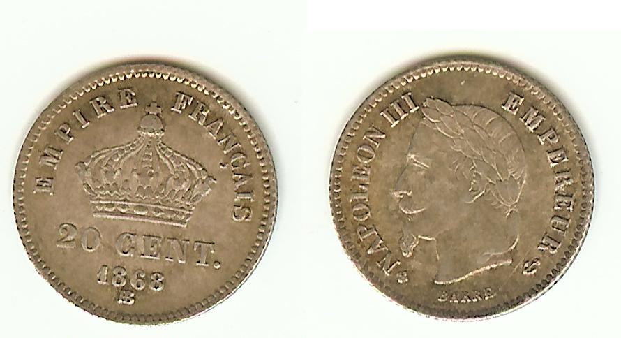 20 Centimes Napoléon III 1868BB Strasbourg SUP+